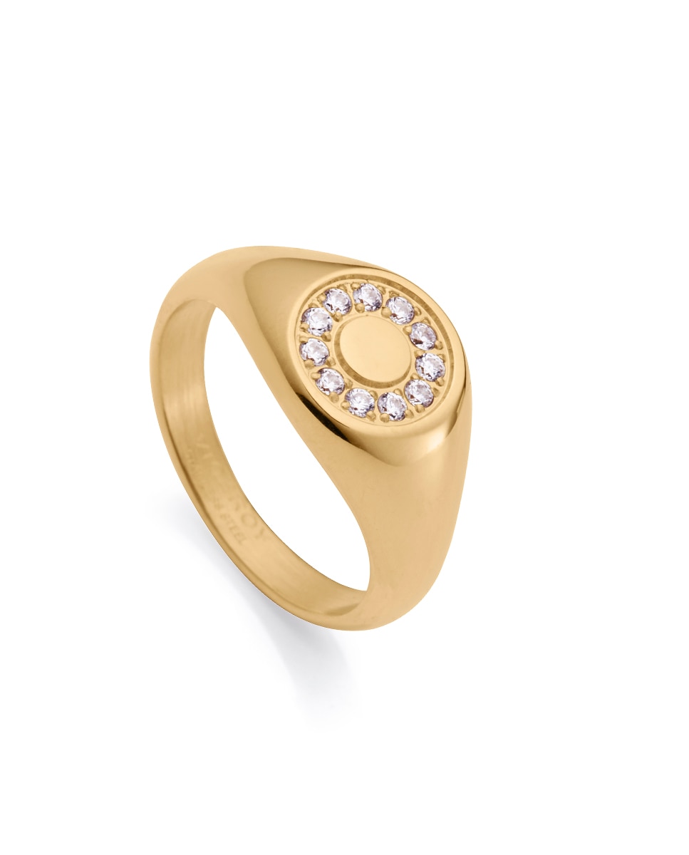 Imagen 0 de Anillo chic en acero ip dorado de sello redondo con circonitas blancas Dorado