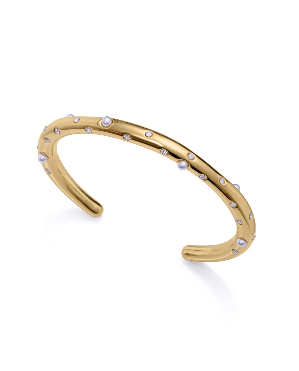 Imagen 0 de Pulsera esclava  chic de acero en ip dorado, con perlas sintéticas y circonitas Dorado