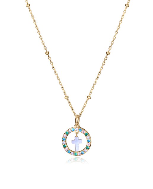 Imagen 0 de Collar de plata bañado en oro con circonitas de colores y cruz madre perla