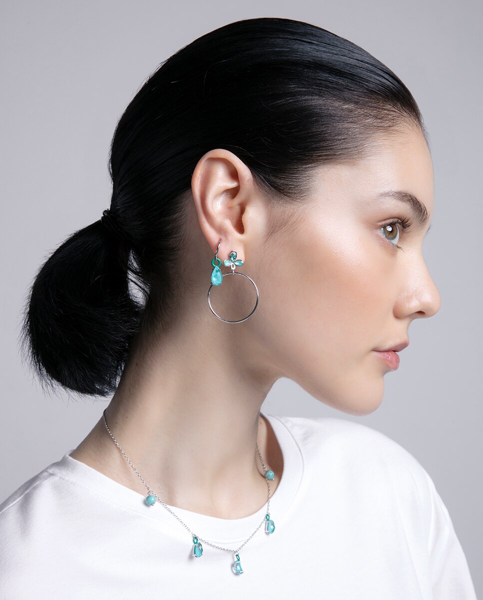Pendientes trend de plata de ley con baño de rodio, flor con circonitas y aro colgante - Viceroy - Azul Azul-2