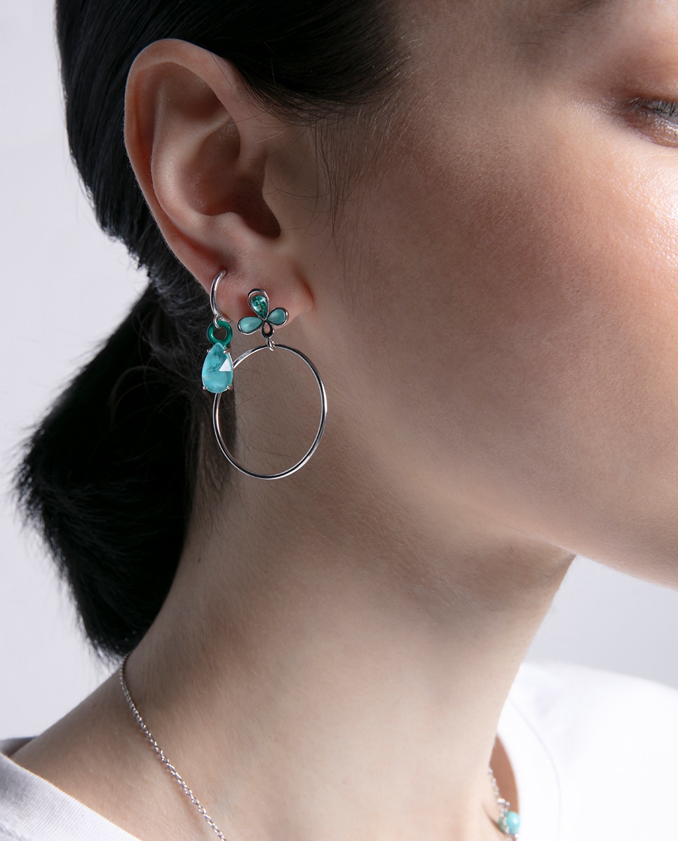 Pendientes trend de plata de ley con baño de rodio, flor con circonitas y aro colgante - Viceroy - Azul Azul-3