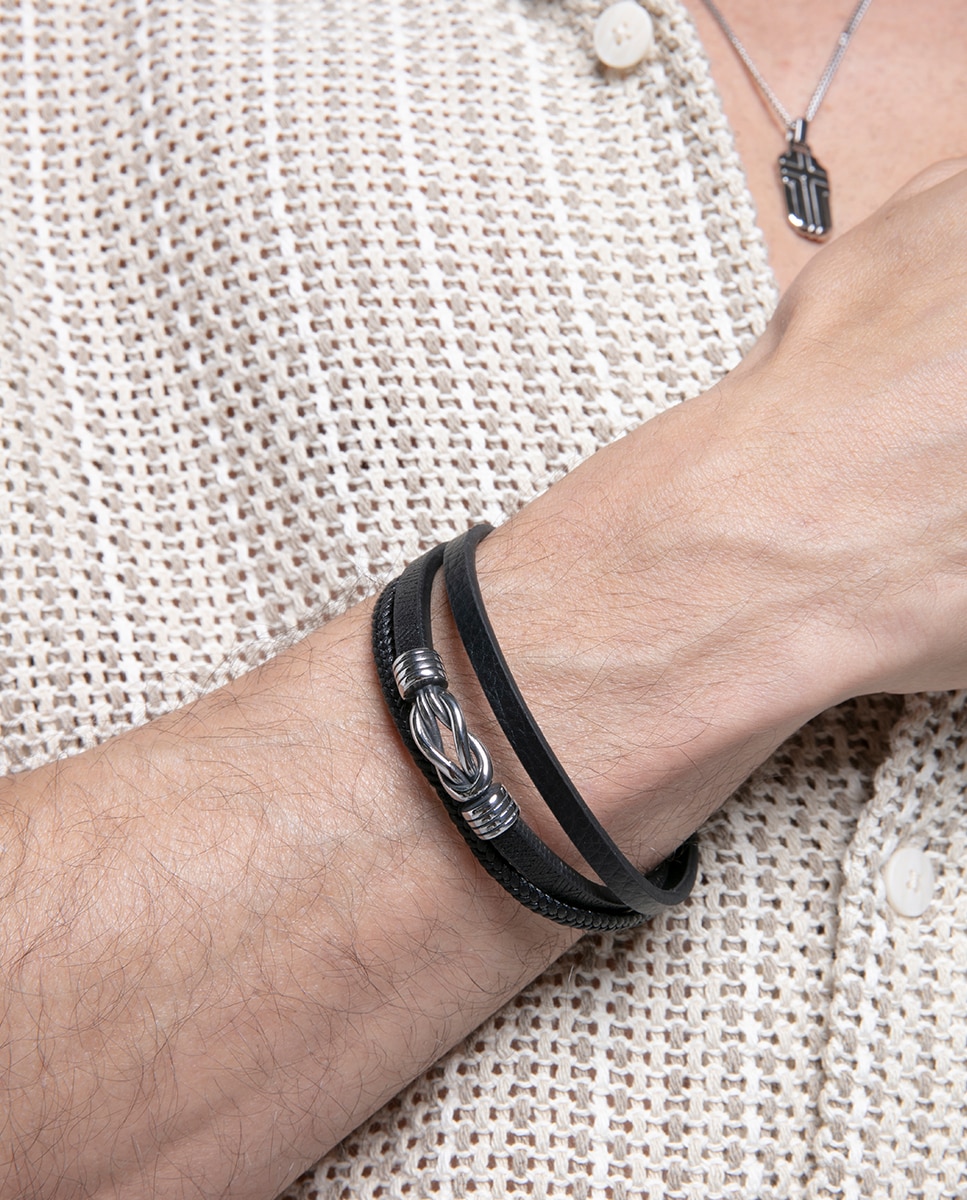 Pulsera magnum de piel negra múltiple,trenzada y lisa y motivo de nudo en acero Negro Viceroy Negro-2
