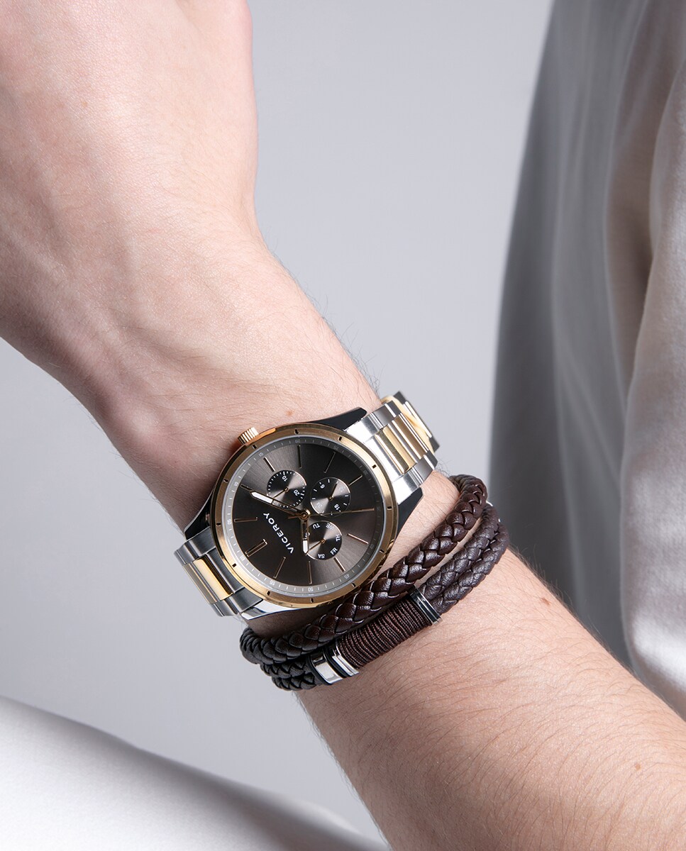 Pulsera de hombre doble Magnum de piel marrón trenzada con motivo