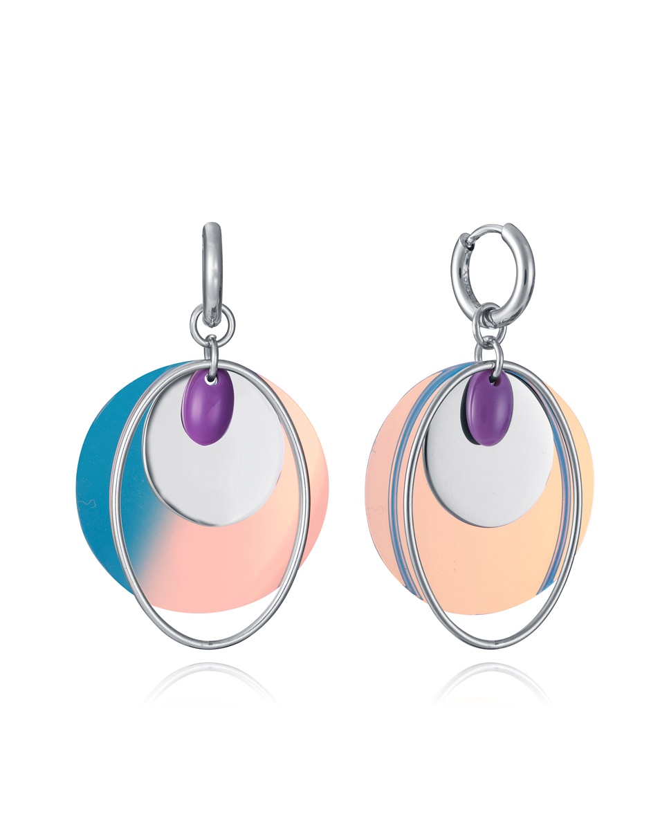 Imagen 0 de Pendientes chic de acero, con aro colgante,círculo acrílico iridiscente y piedra morada Multicolor