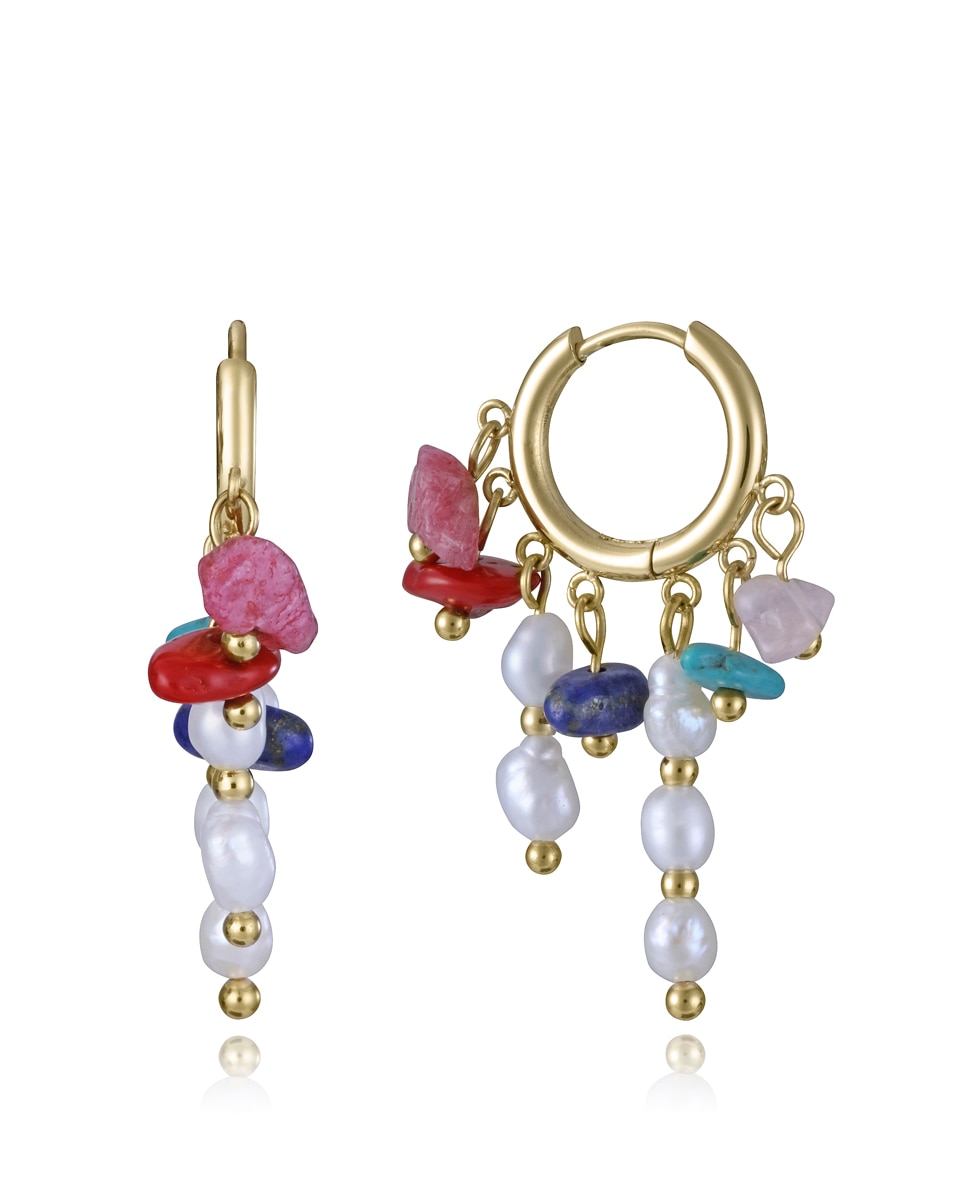 Pendientes chic de acero ip dorado, colgante de aro con piedras naturales y perlas culttivadas - Viceroy - Multicolor Multicolor-1
