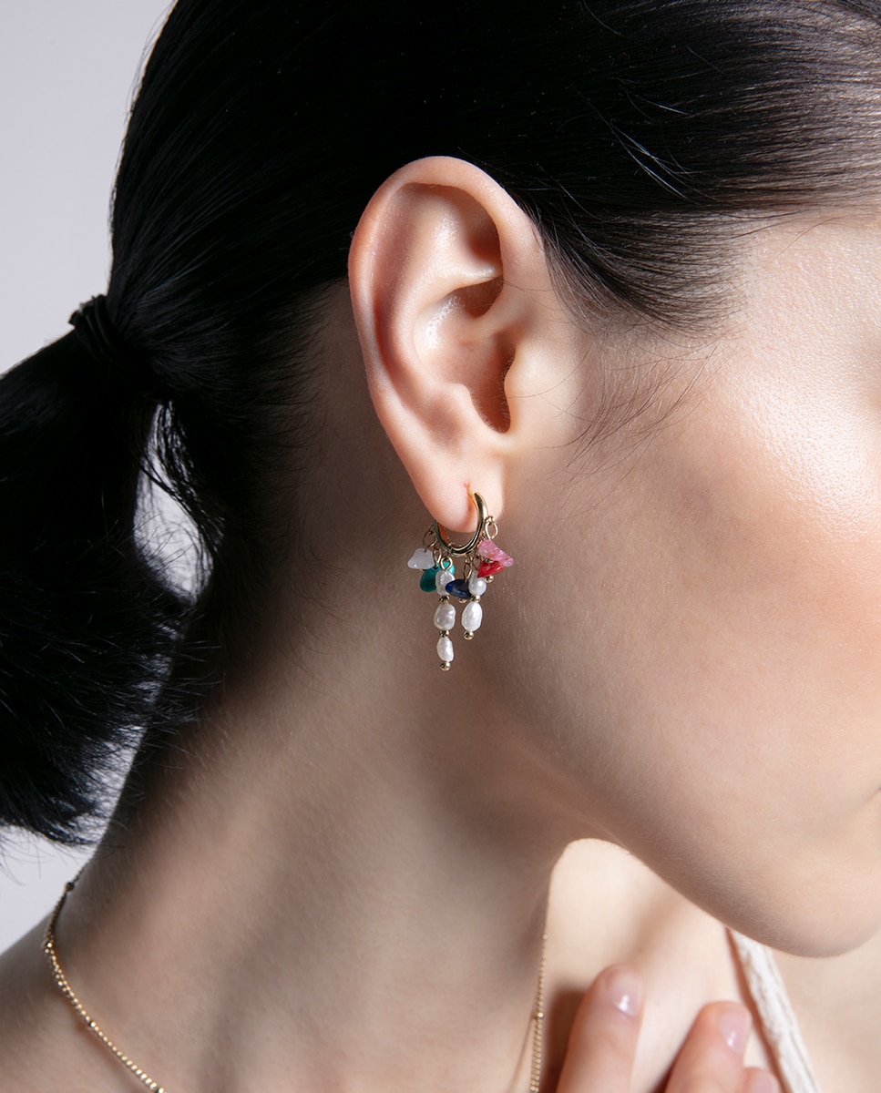 Pendientes chic de acero ip dorado, colgante de aro con piedras naturales y perlas culttivadas - Viceroy - Multicolor Multicolor-2