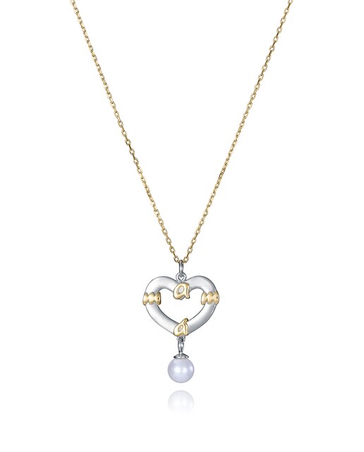Imagen 0 de Collar de plata de ley con baño de oro y colgante de corazón con mama y perla cultivada