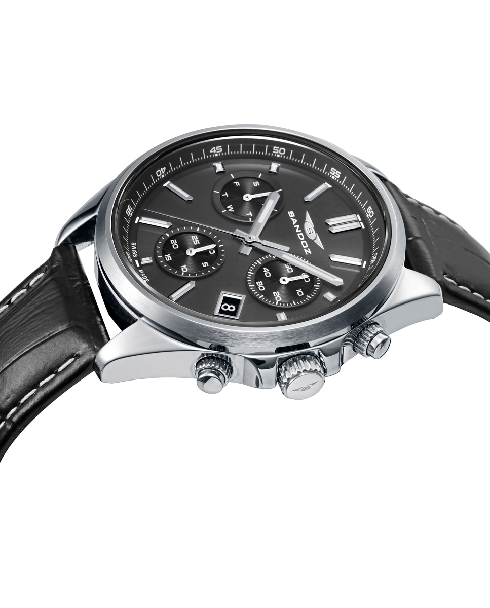 Reloj de hombre casuel caja de acero y correa de piel negra - Sandoz - Negro Negro-3