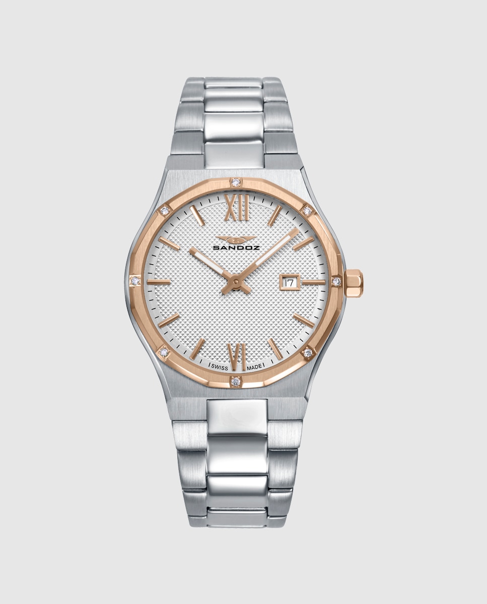 Imagen 0 de Reloj de mujer caja de acero con bisel ip rosa con 8 diamantes creados  y brazalete de acero Plateado