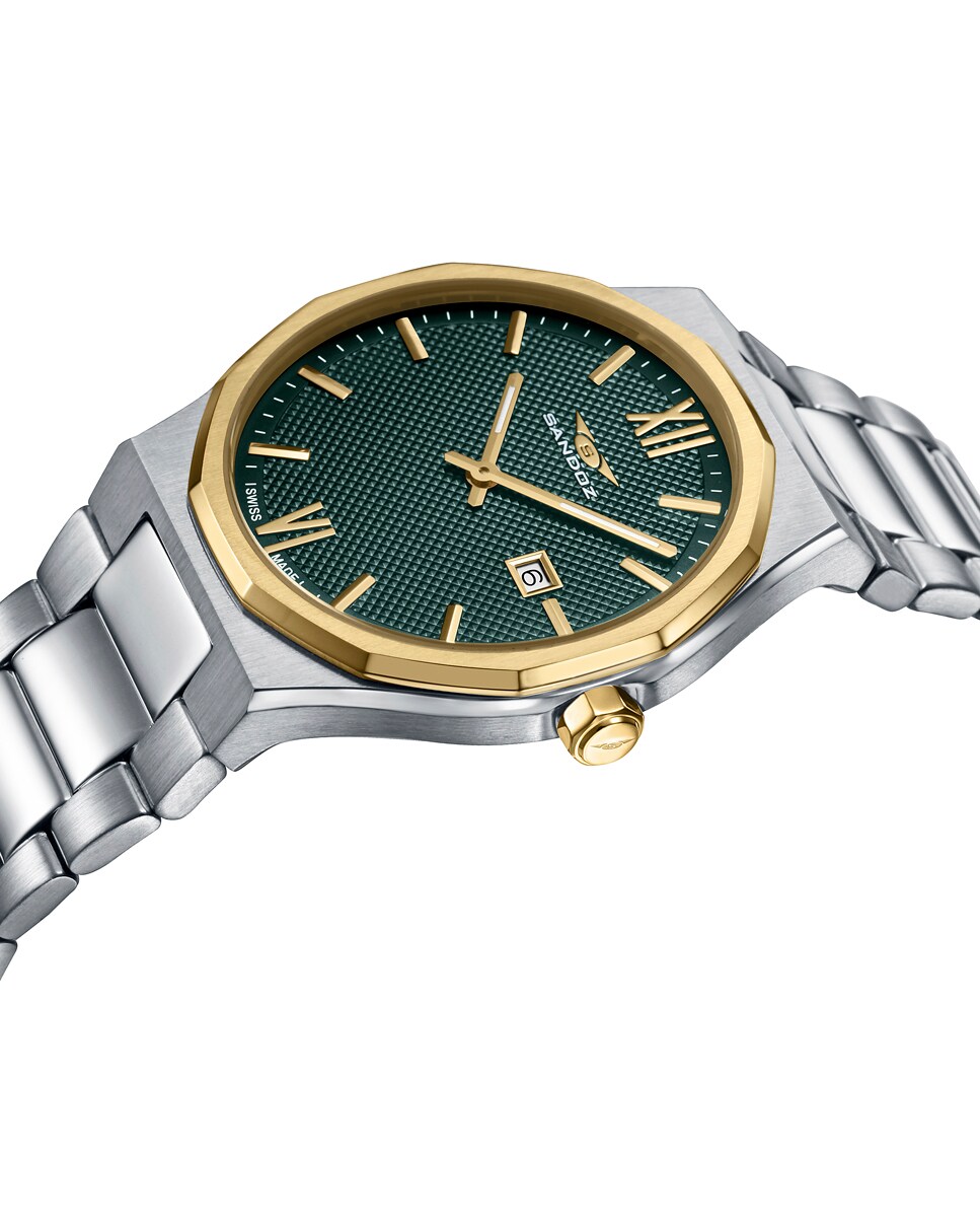 Reloj de hombre caja de acero con bisel en Ip dorado y brazalete