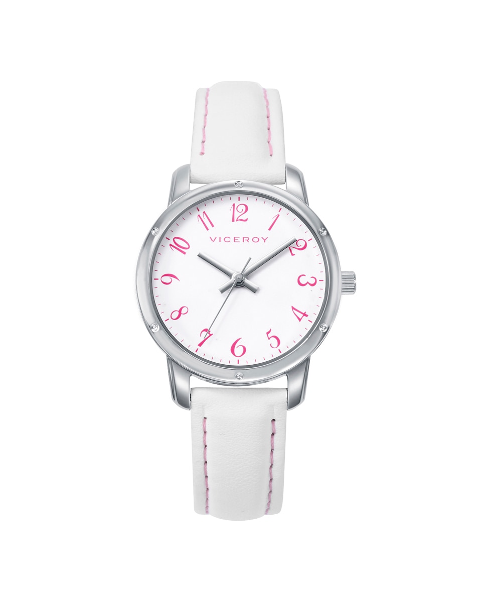 Imagen 0 de Reloj infantil caja de acero con correa de piel blanca y pulsera de regalo Plata / Rosa
