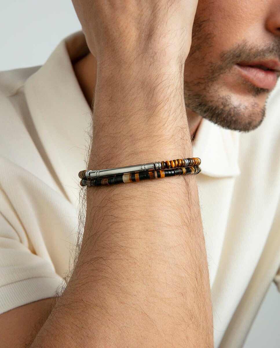 Pulsera de hombre de acero Ip negro con piedras naturales Multicolor-2