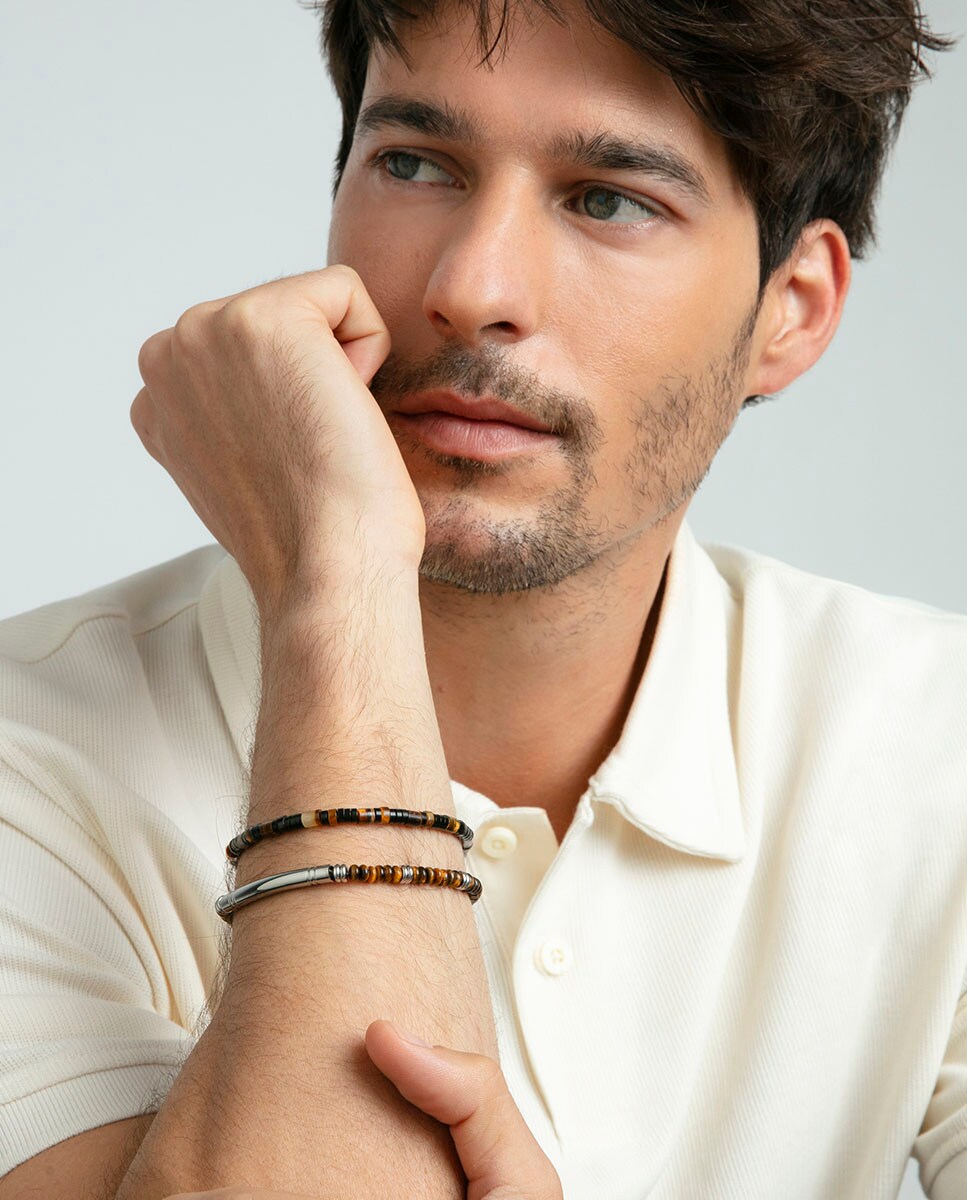 Pulsera de hombre de acero Ip negro con piedras naturales Multicolor-3