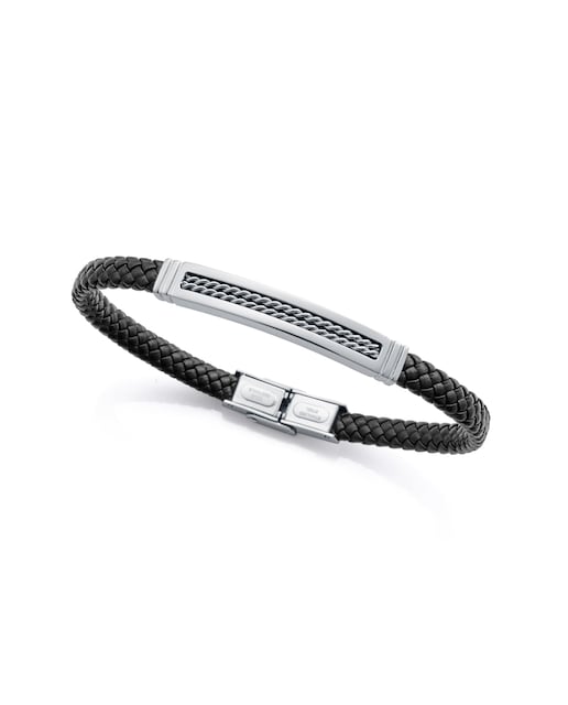 Imagen 0 de Pulsera de hombre de acero y piel negra