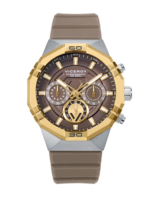 Imagen 0 de Reloj de hombre con caja bitono de acero e Ip dorado  y correa de silicona gris