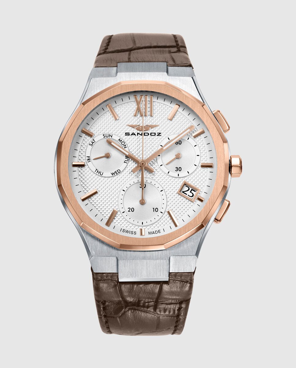 Reloj de hombre con caja bitono de acero e ip rosa y correa de piel - Sandoz - Marrón Marrón-1
