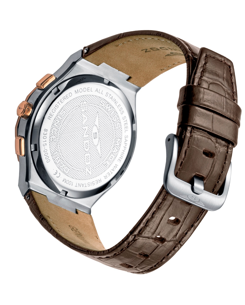Reloj de hombre con caja bitono de acero e ip rosa y correa de piel - Sandoz - Marrón Marrón-2