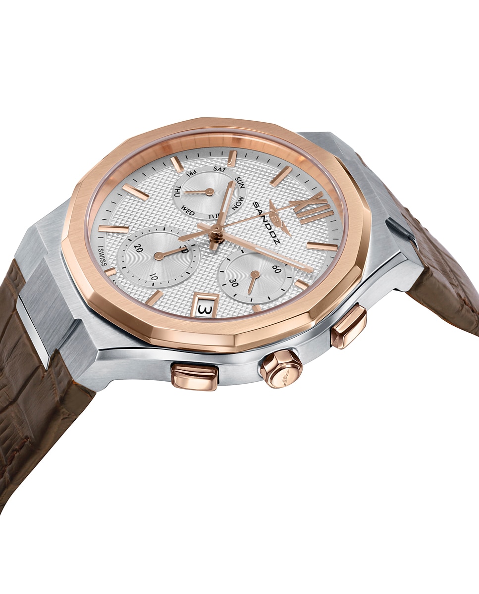 Reloj de hombre con caja bitono de acero e ip rosa y correa de piel - Sandoz - Marrón Marrón-3