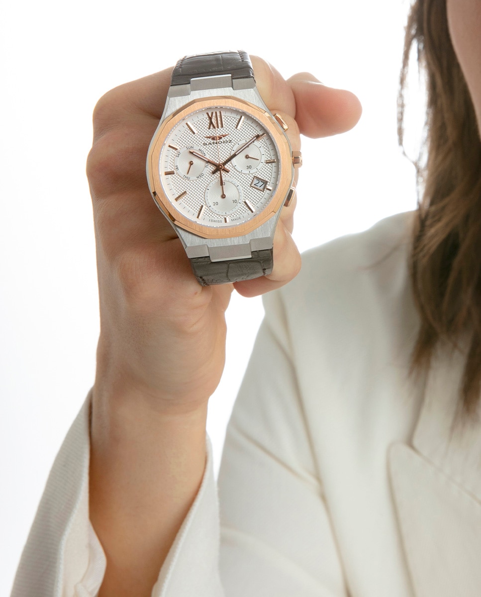 Reloj de hombre con caja bitono de acero e ip rosa y correa de piel - Sandoz - Marrón Marrón-7