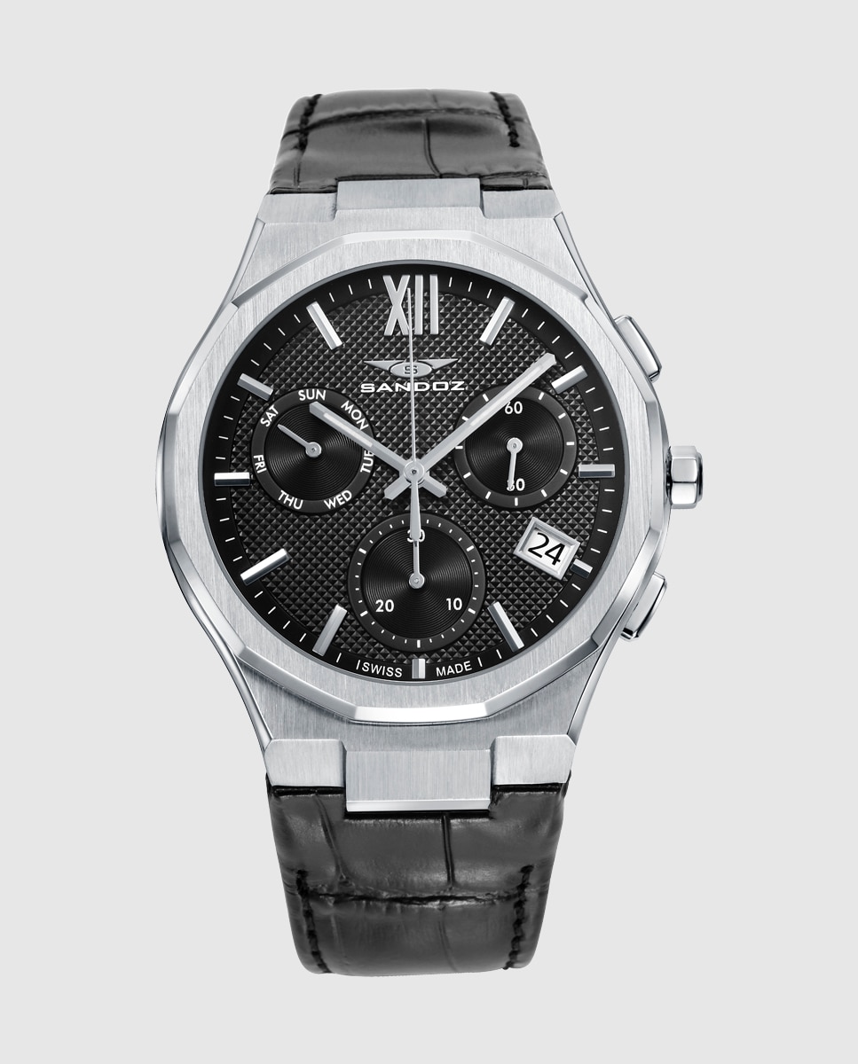 Reloj de hombre con caja de acero y correa de piel negra - Sandoz - Negro Negro-1