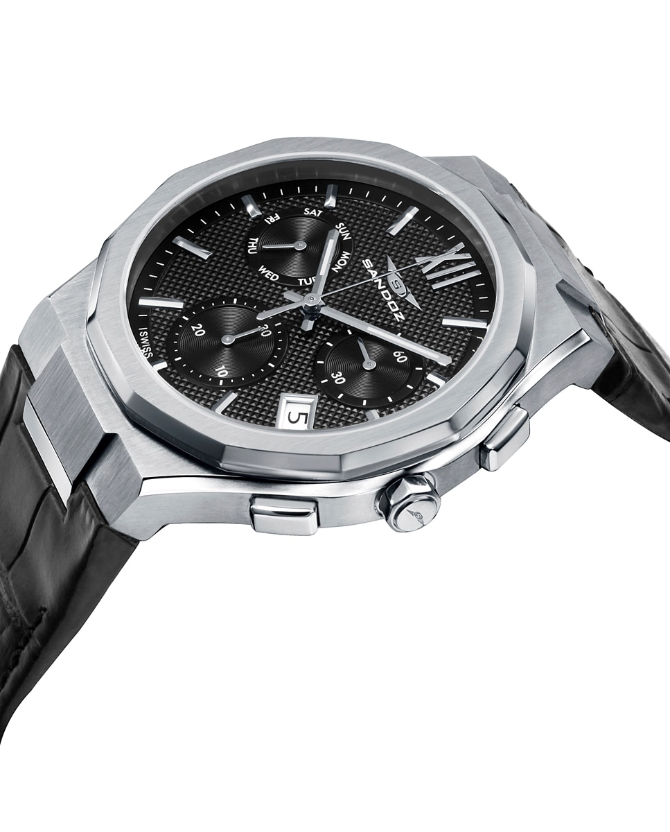 Reloj de hombre con caja de acero y correa de piel negra - Sandoz - Negro Negro-3