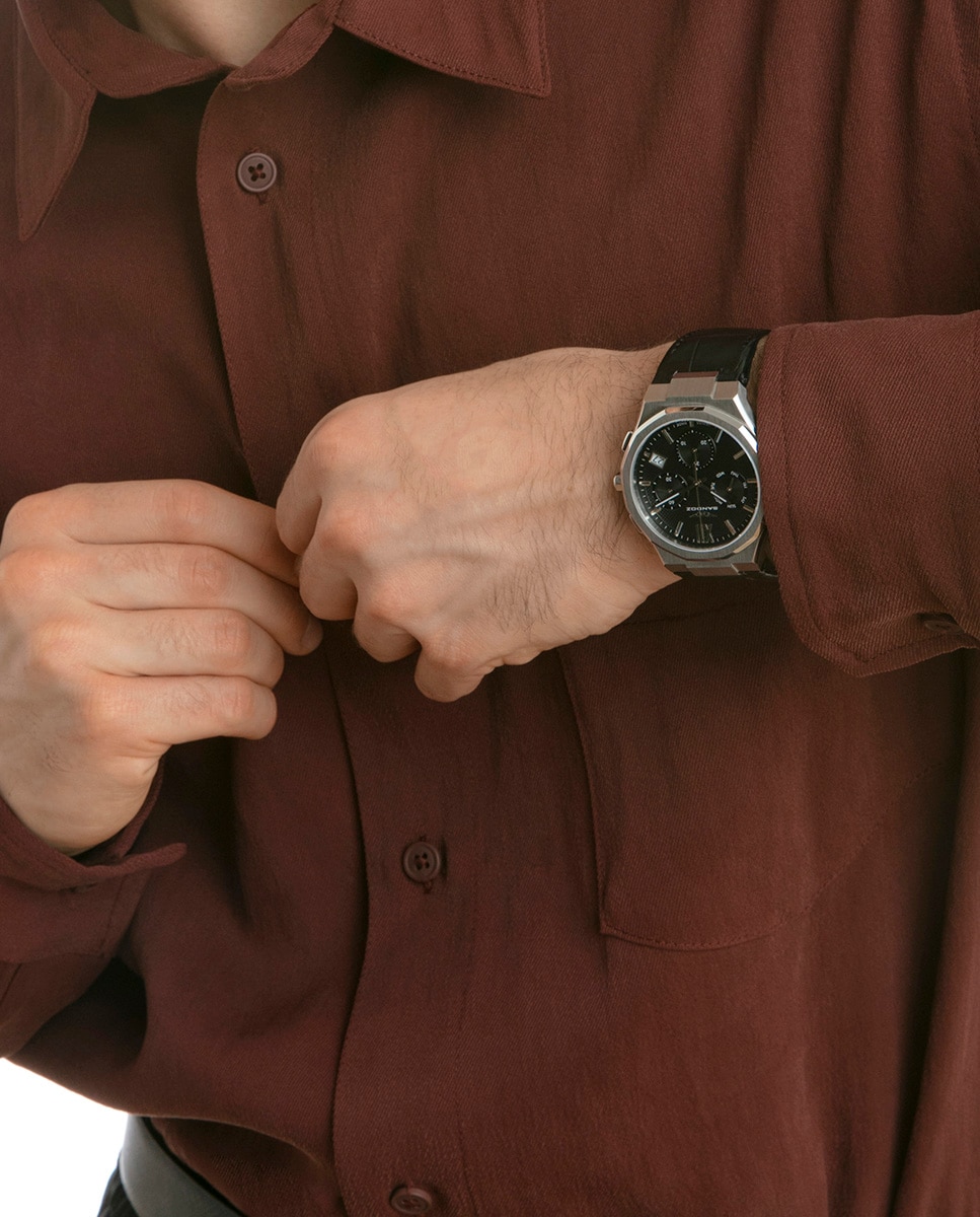 Reloj de hombre con caja de acero y correa de piel negra - Sandoz - Negro Negro-6
