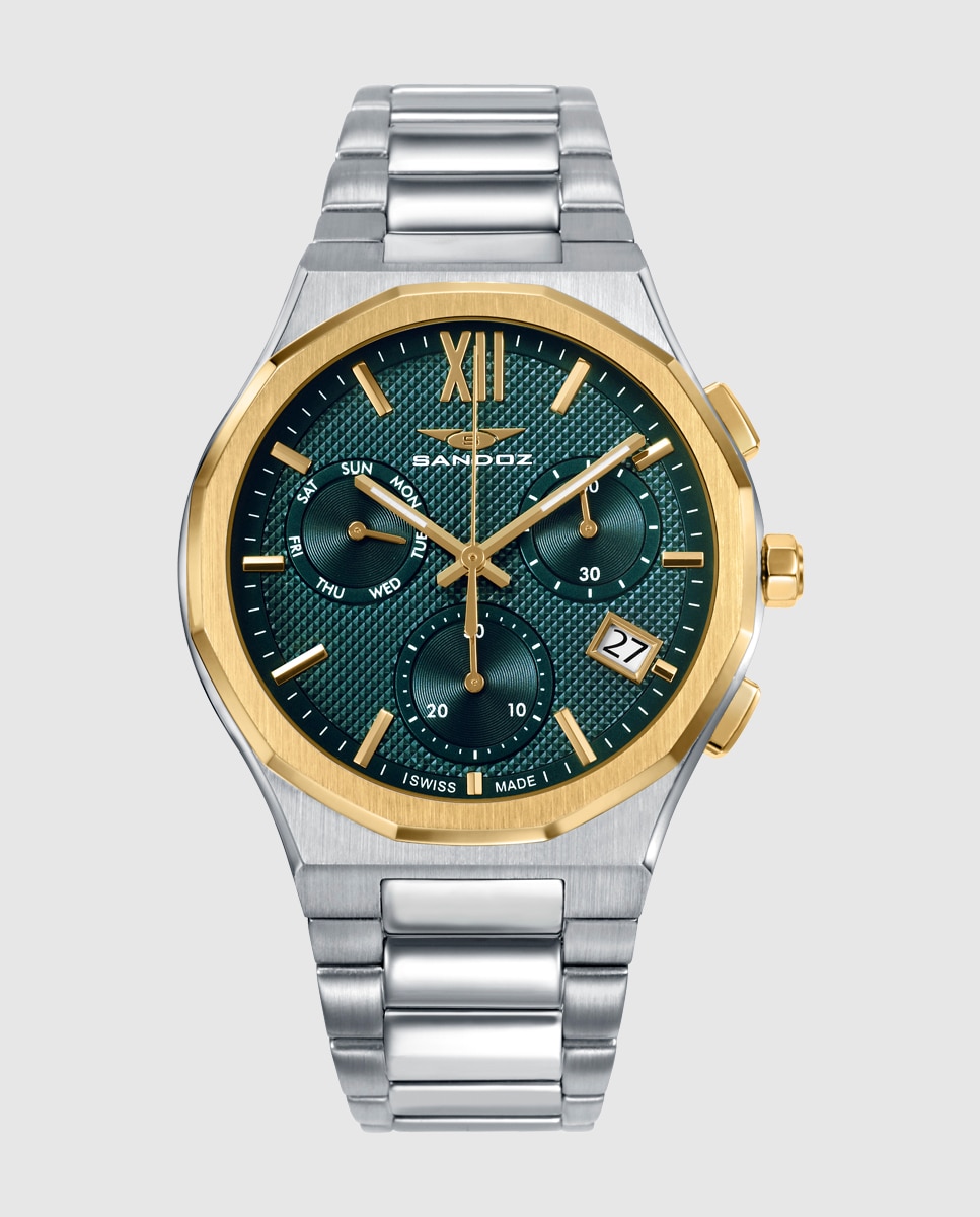 Reloj de hombre con caja bitono de acero e ip dorado y brazalete de acero - Sandoz - Plateado Plateado-1