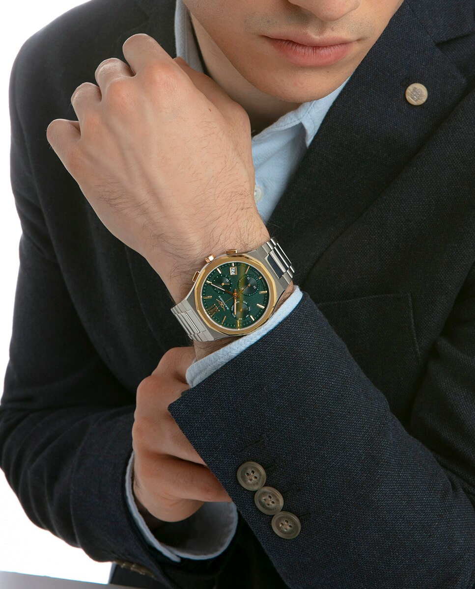 Reloj de hombre con caja bitono de acero e ip dorado y brazalete de acero - Sandoz - Plateado Plateado-4