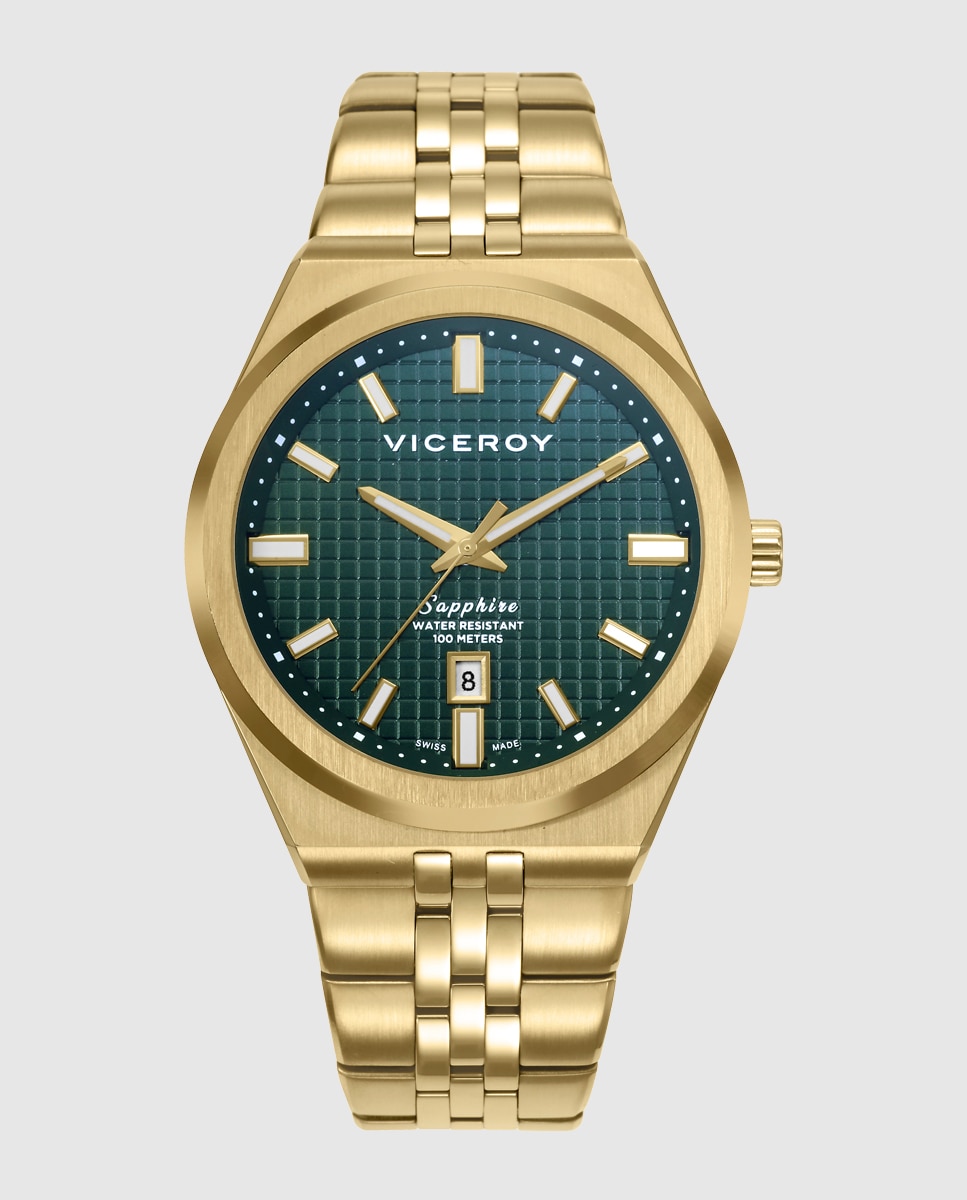 Reloj analógico de hombre con caja y brazalete de acero Ip dorado