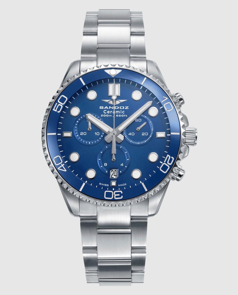 Imagen 0 de Reloj de hombre caja de acero con bisel de ceramica azul  y brazalete de acero Plateado