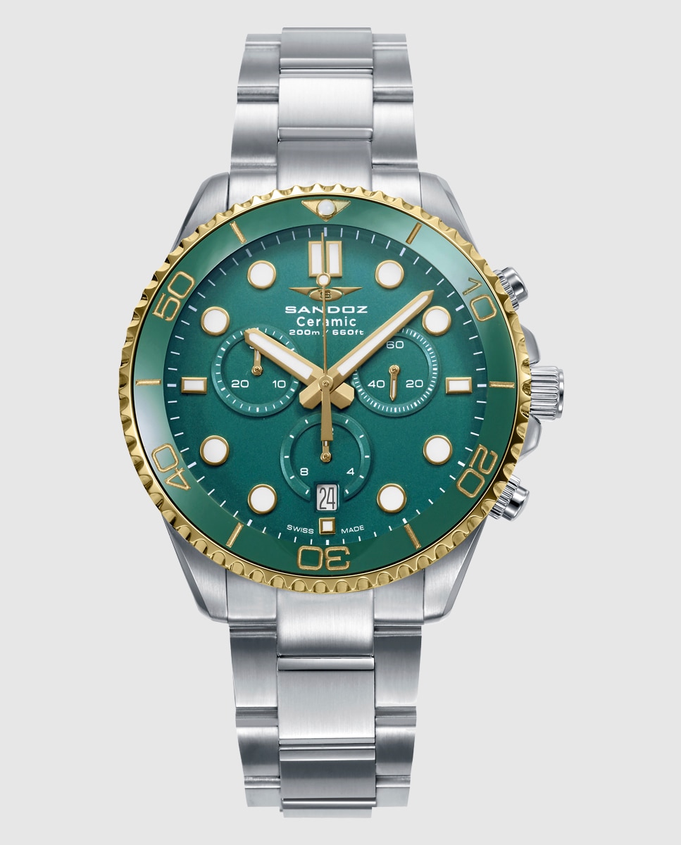 Imagen 0 de Reloj de hombre caja bitono de acero e ip dorado  con bisel de ceramica verde  y brazalete bitono Plateado