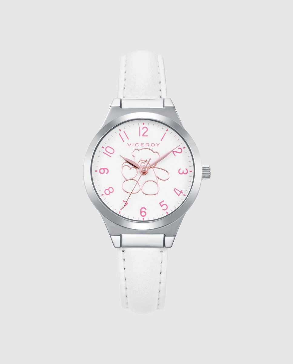 Imagen 1 de Reloj de niña caja de acero con correa de piel sintética blanca y pulsera de regalo Blanco