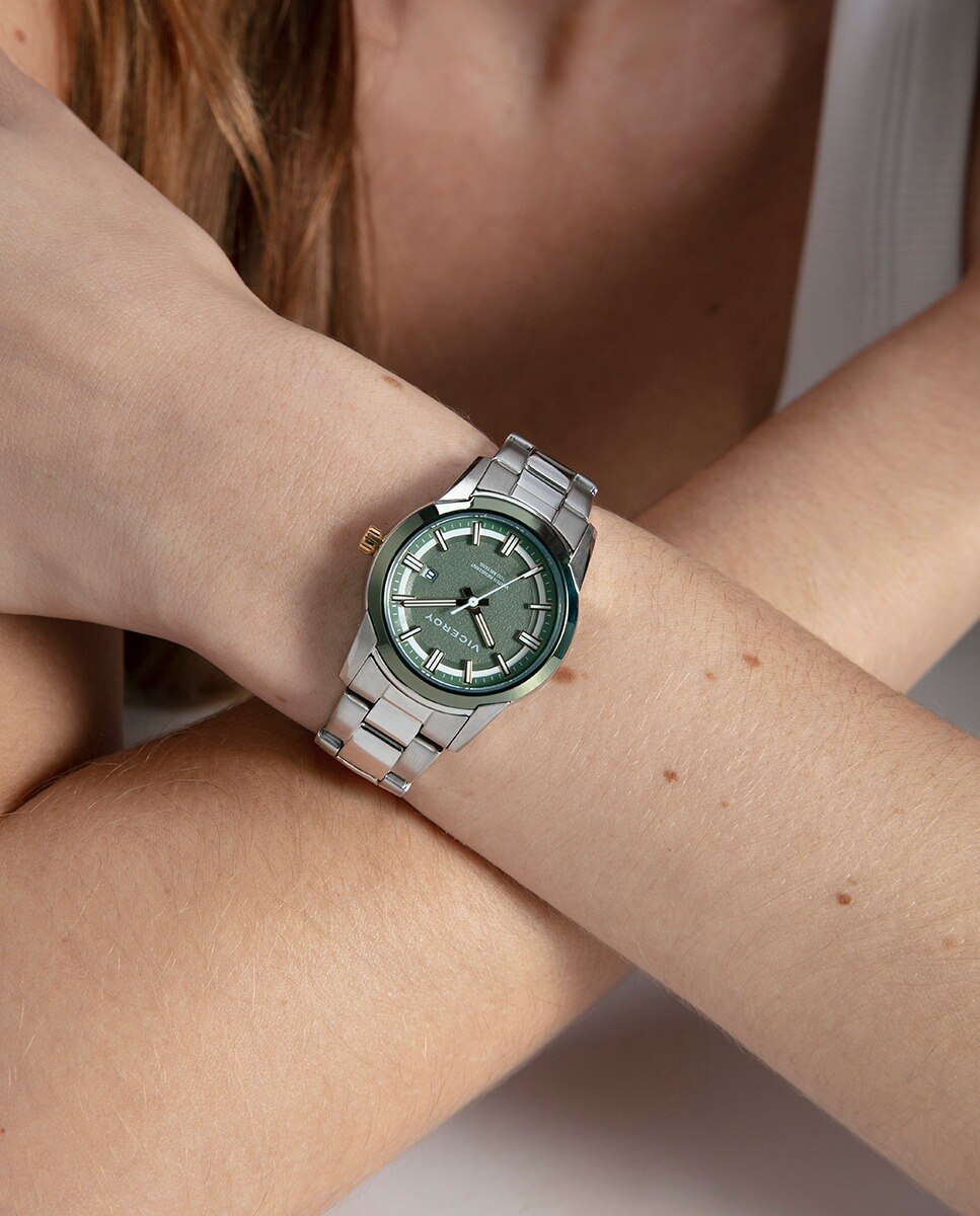 Reloj de mujer con caja bitono de acero e ip verde y brazalete de acero,colección abraham mateo - Viceroy - Plateado Plateado-4