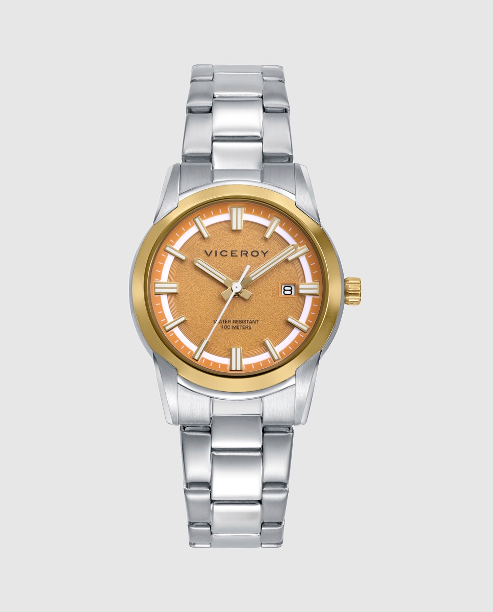 Imagen 0 de Reloj de mujer con caja bitono de acero e ip dorado y brazalete de acero,colección abraham mateo Plateado