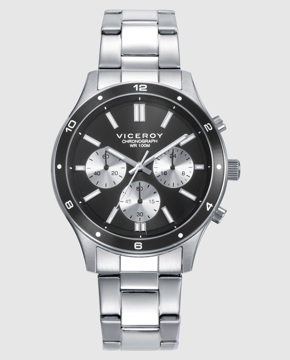 Imagen 0 de Reloj de hombre con caja de acero con bisel de aluminio negro y brazalete de acero Plateado