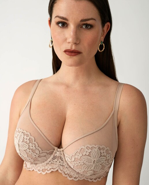 Imagen 0 de Sujetador sin copa halter con encaje floral color arena