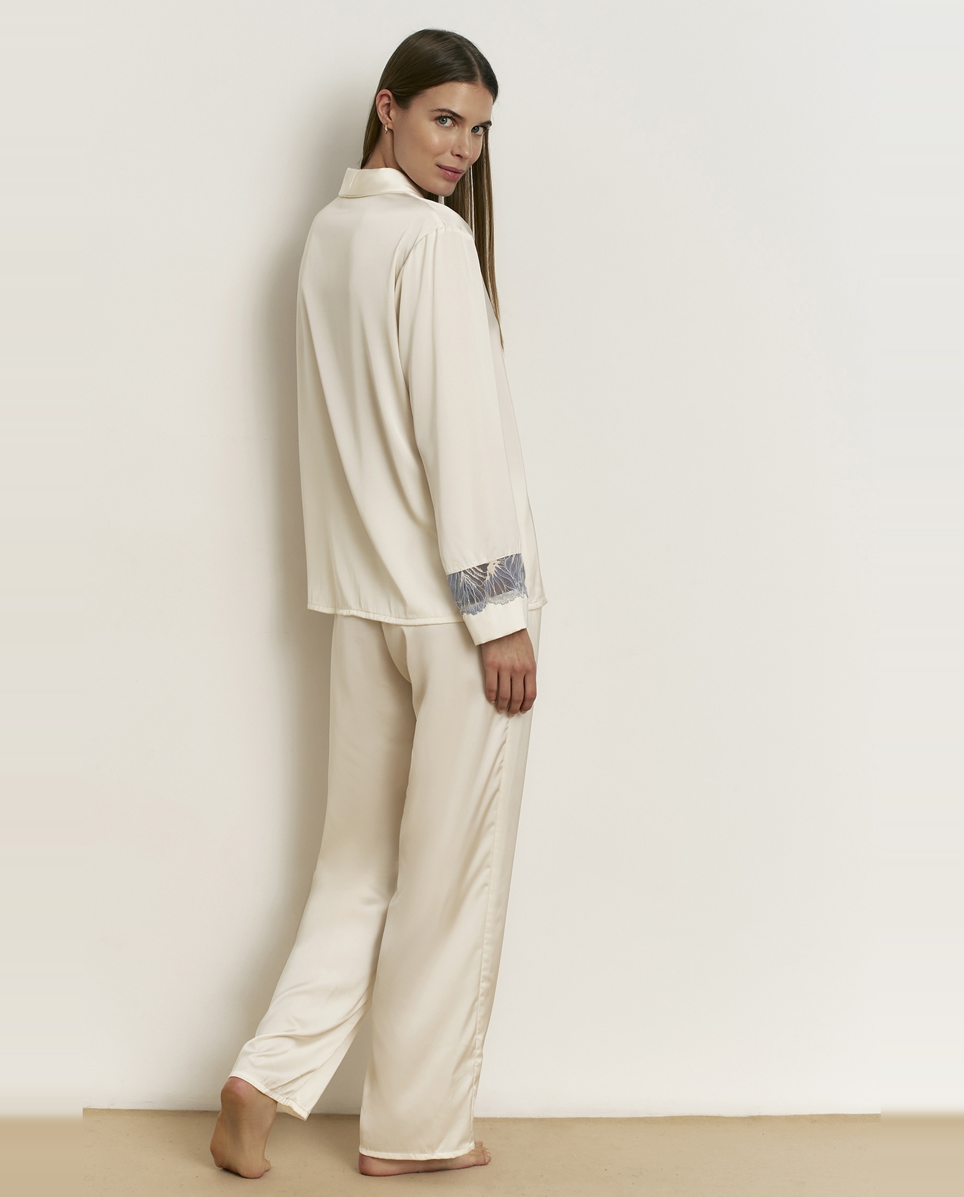 Pijama completo de mujer con encaje y manga larga - Promise - Azul grisáceo Azul grisáceo-2