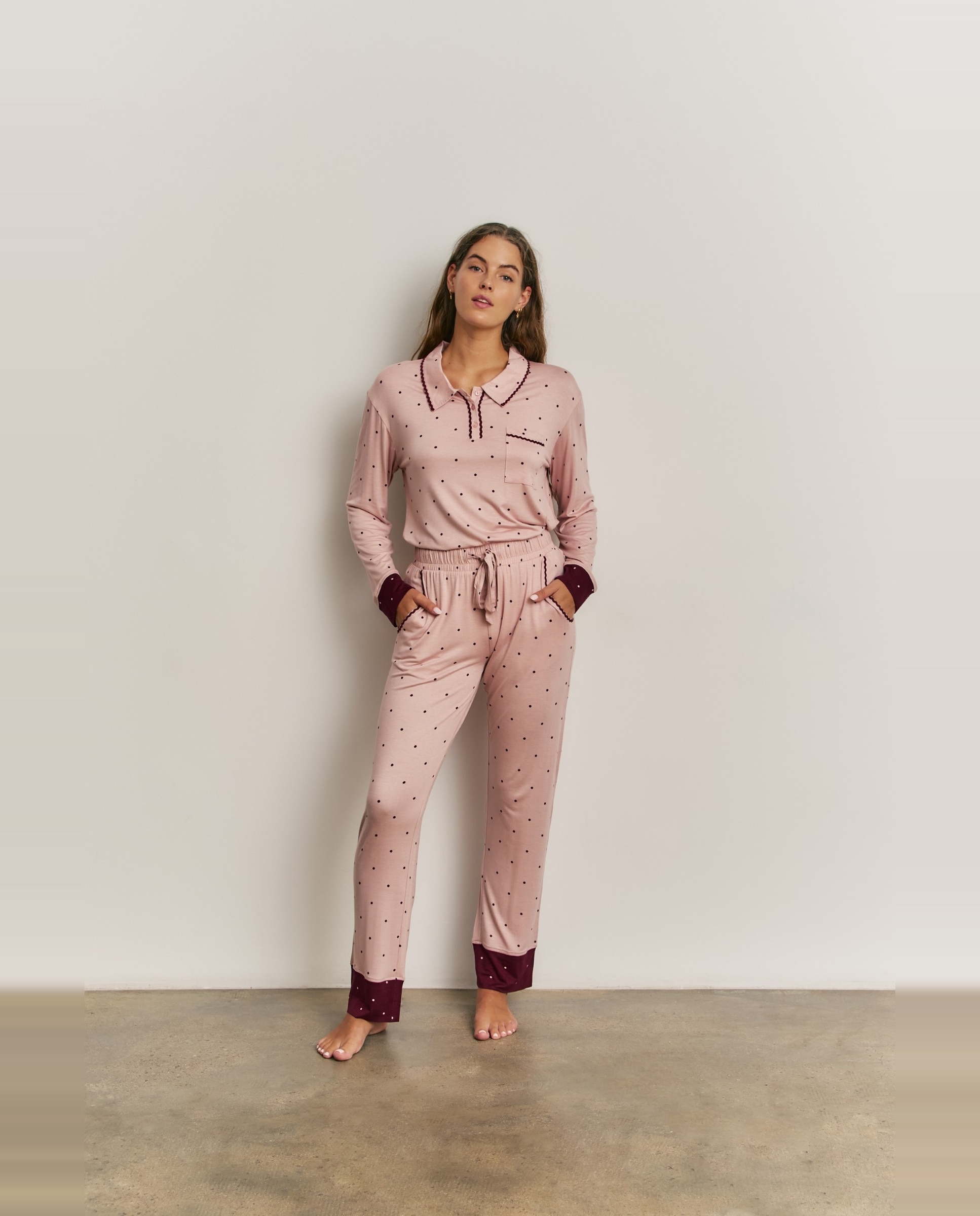 Pijama completo de mujer con manga larga y pantalón largo - Promise - Rosa Rosa-1