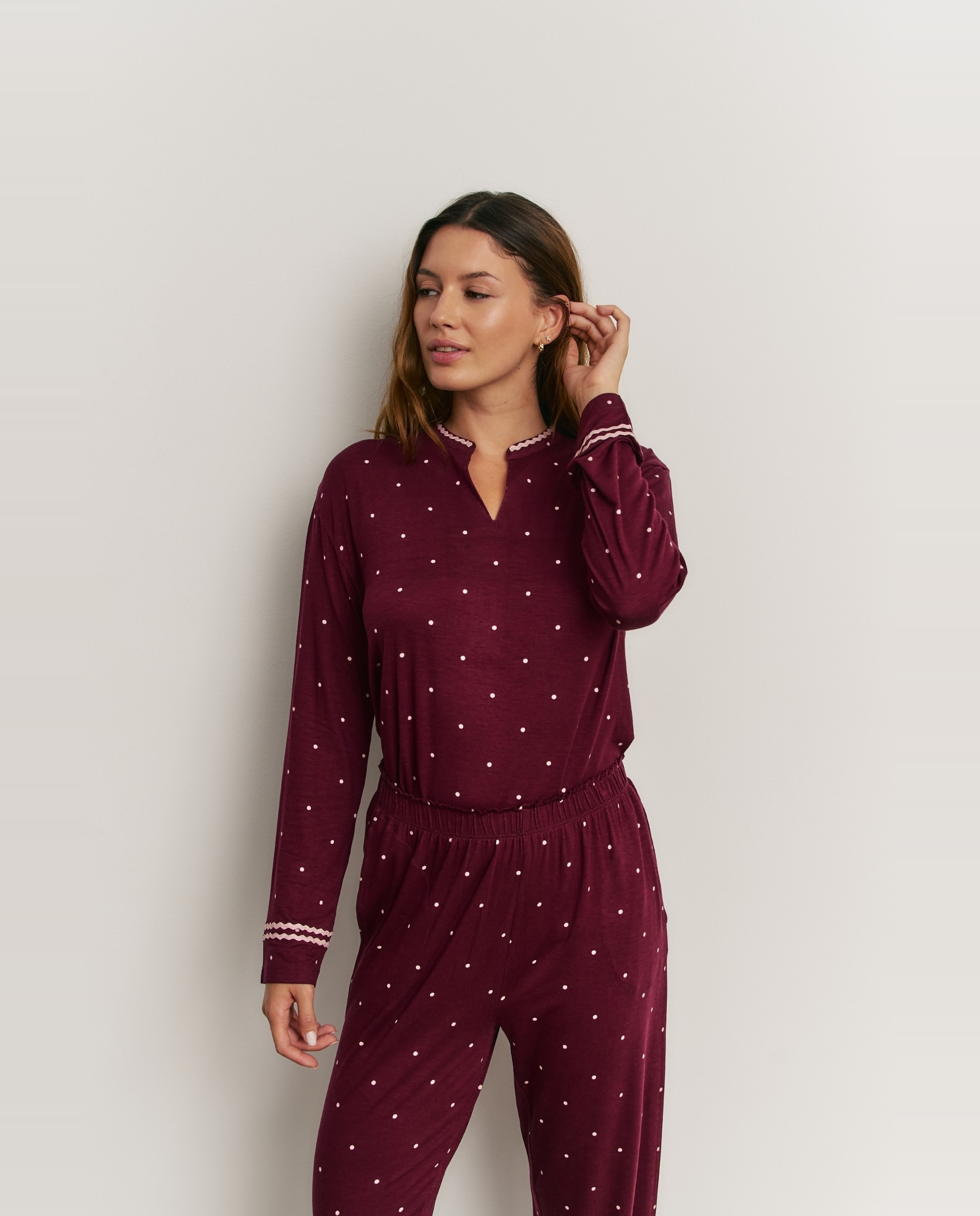 Pijama completo de mujer con manga larga y puños - Promise - Burdeos Burdeos-1