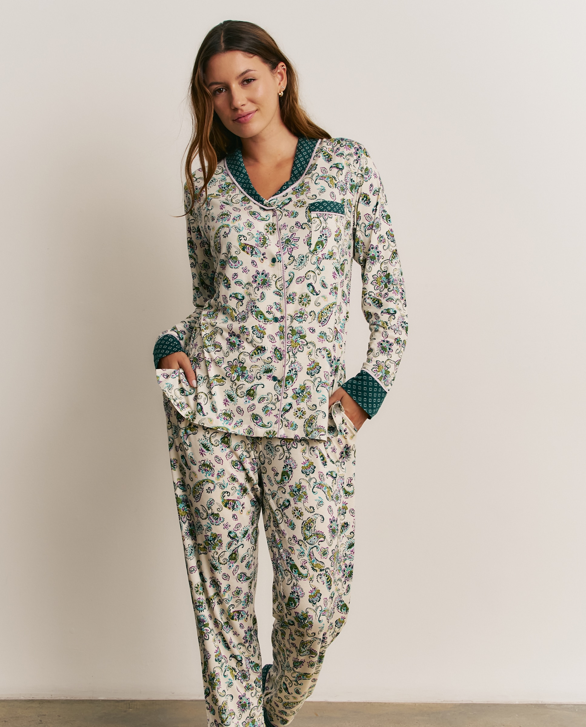 Pijama completo de mujer con manga larga y pantalón largo - Promise - Esmeralda Esmeralda-1