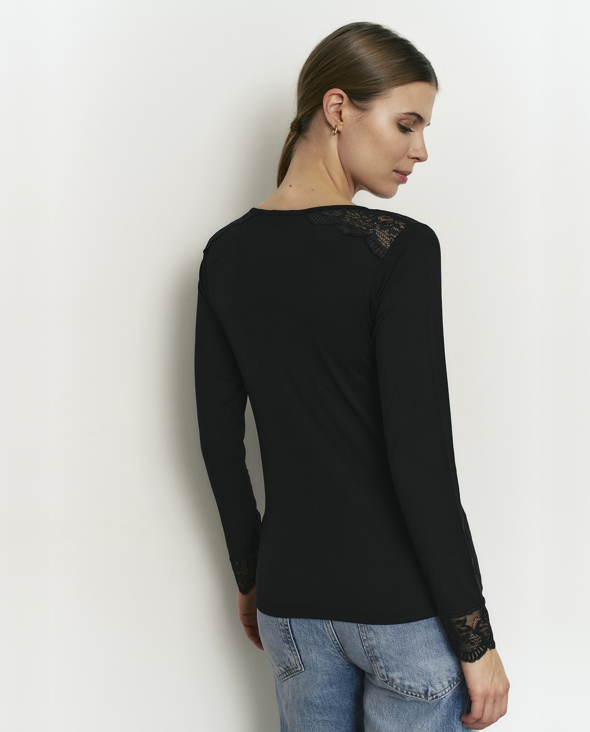 Camiseta interior básica de mujer con encaje y manga larga - Promise - Negro Negro-2