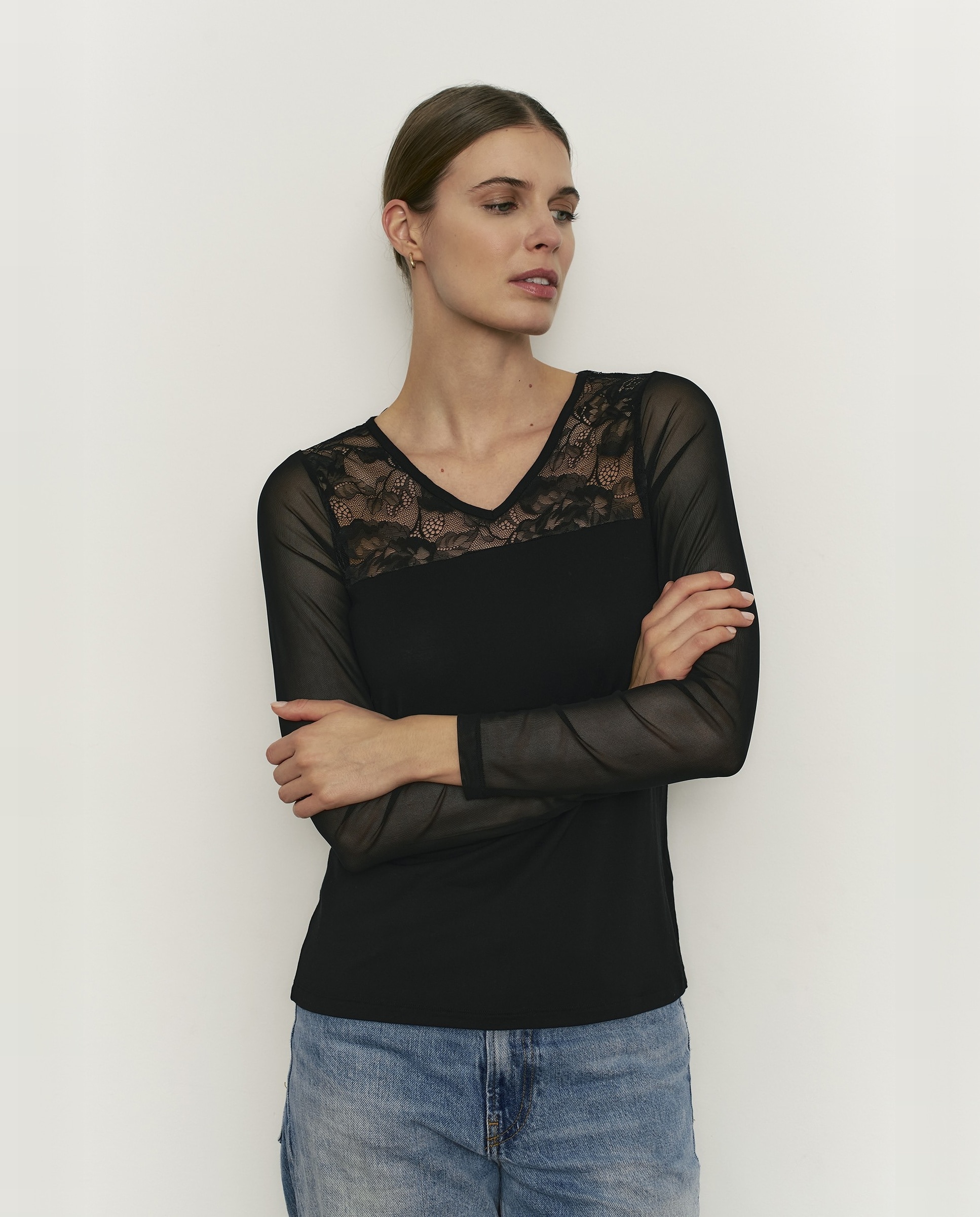 Camiseta interior básica de mujer con encaje y tul - Promise - Negro Negro-1