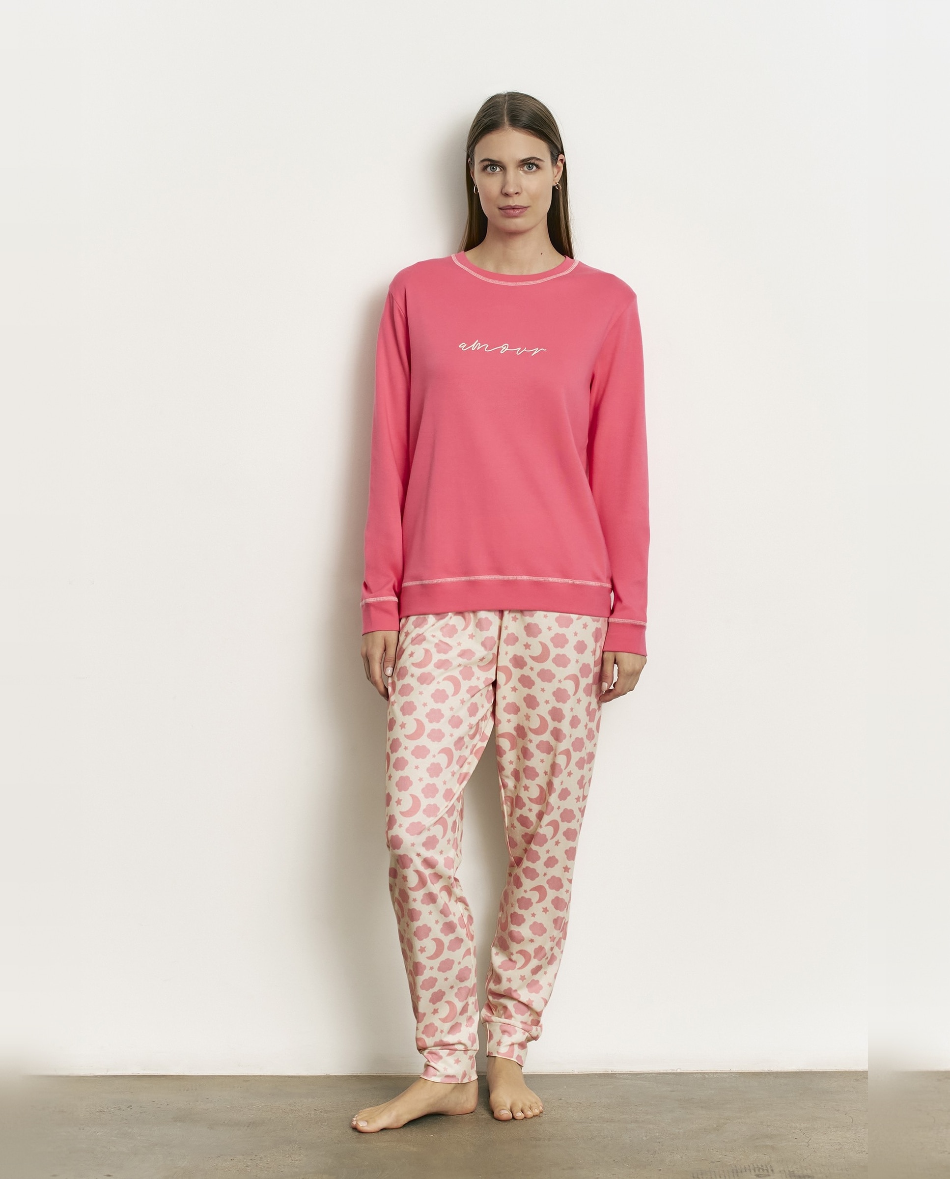 Pijama completo de mujer con bordado y manga larga - Promise - Coral Coral-1