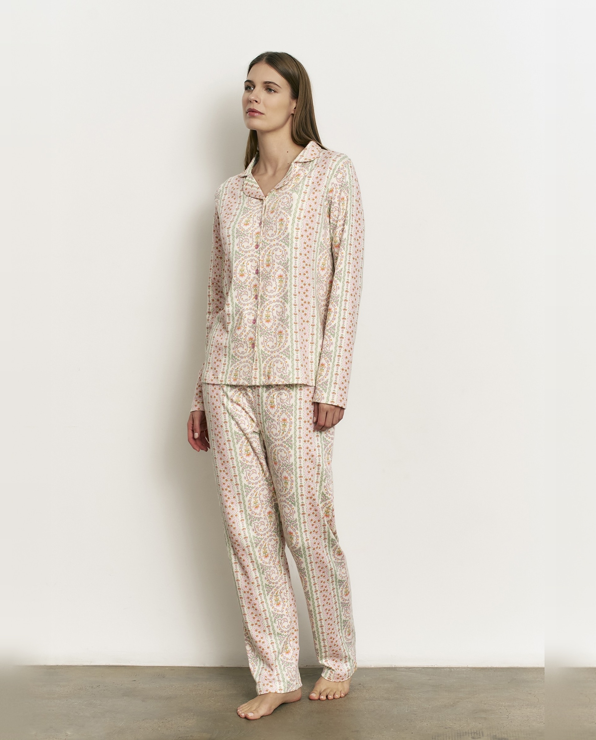 Pijama completo de mujer con manga larga y pantalón largo - Promise - Rosa Rosa-1