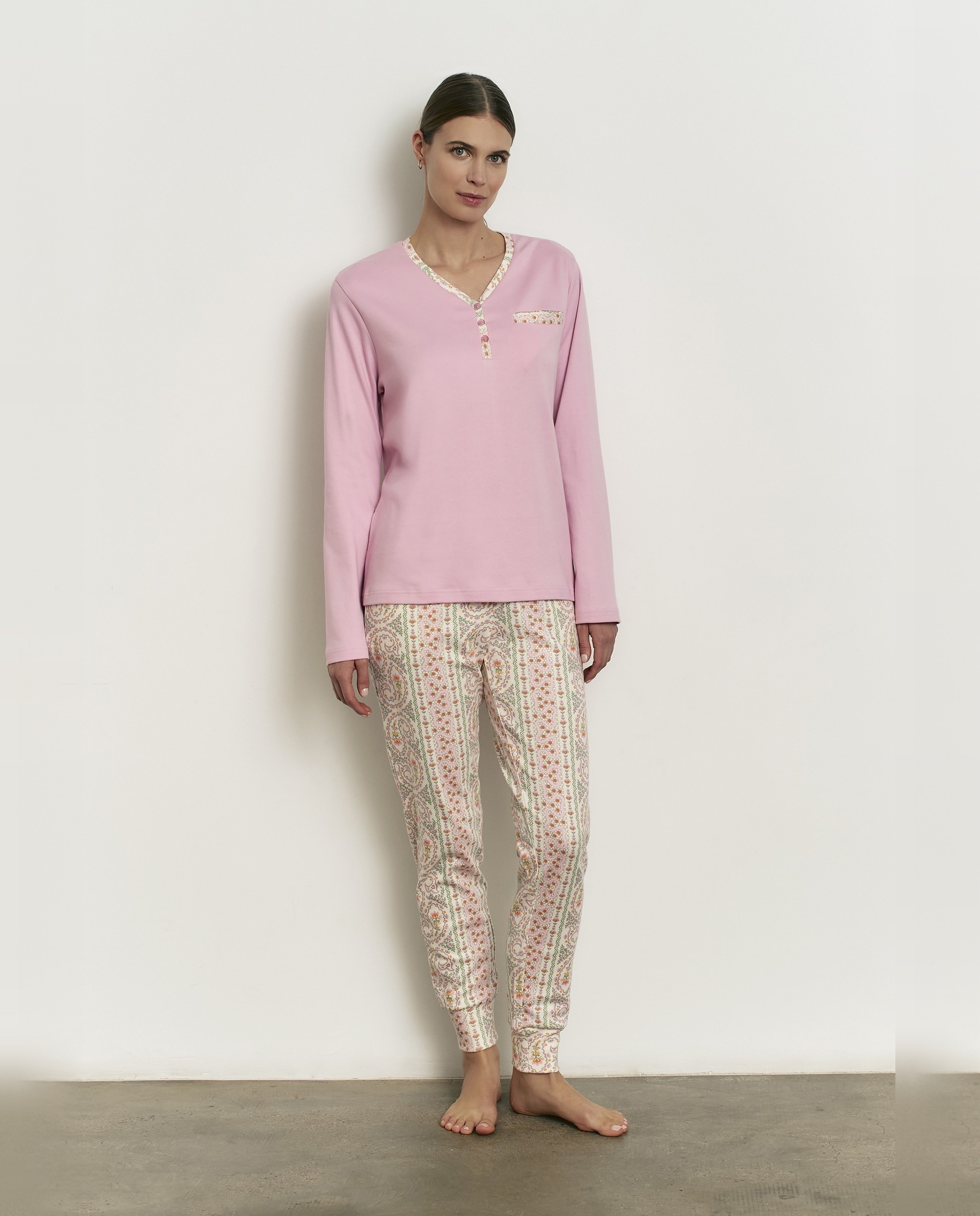Pijama completo de mujer con manga larga y pantalón largo - Promise - Rosa Rosa-1