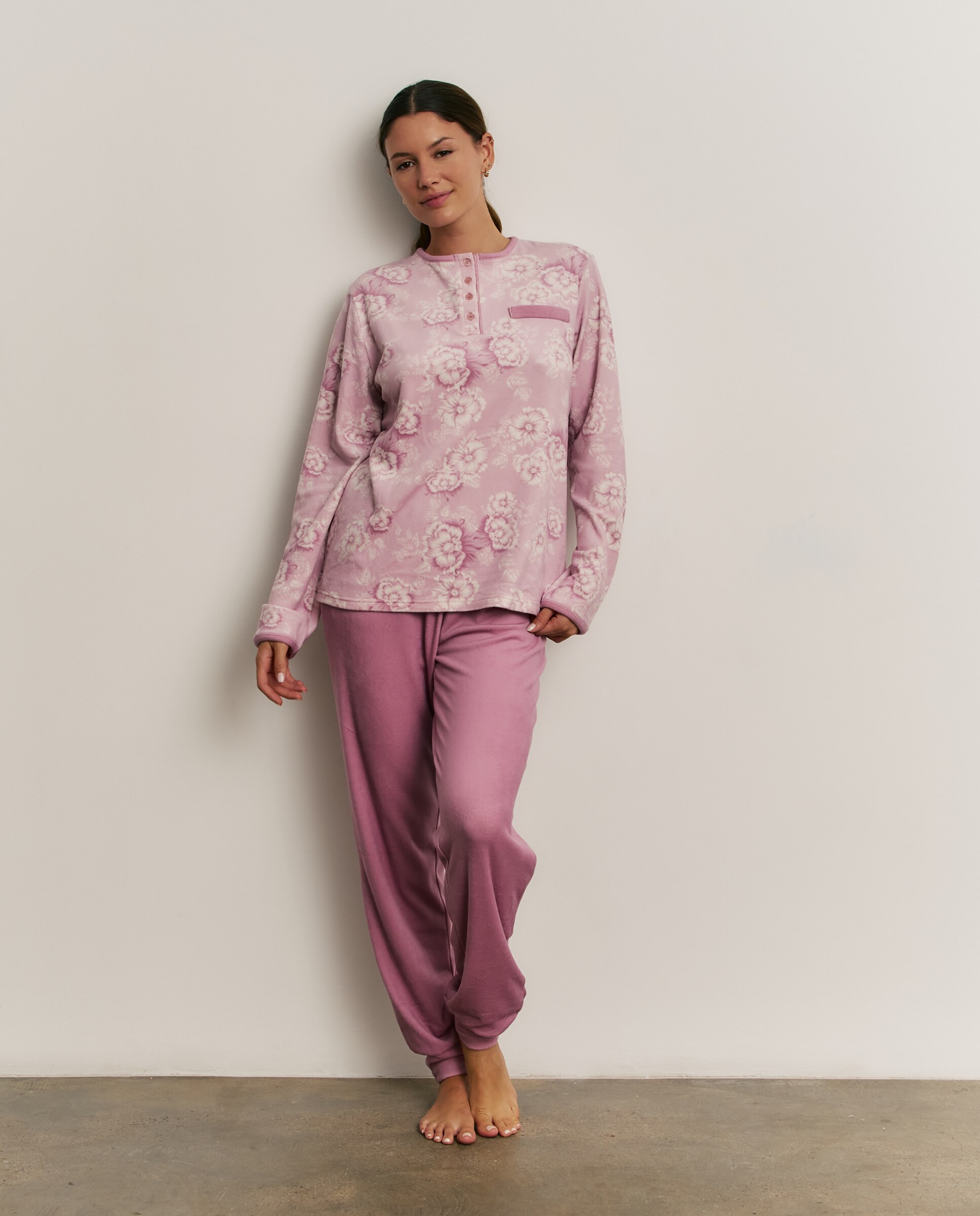 Pijama completo de mujer con manga larga y pantalón largo - Promise - Rosa Rosa-1