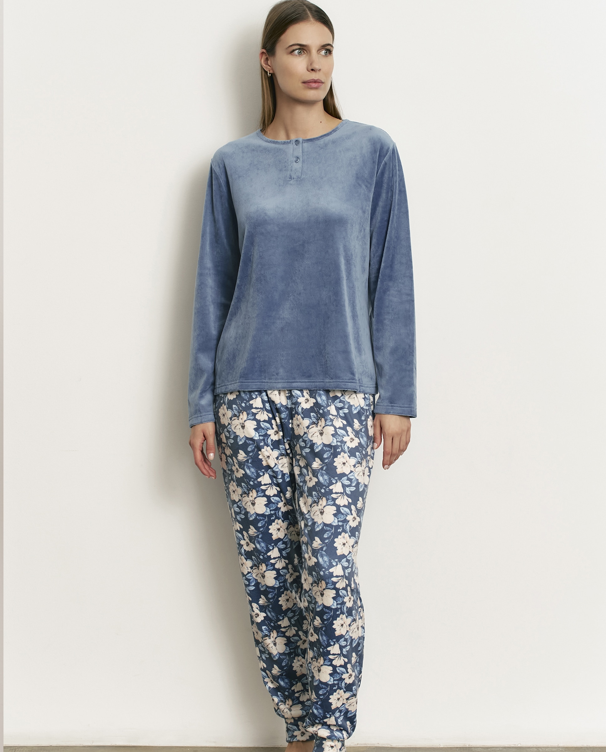 Pijama completo de mujer con manga larga y pantalón largo - Promise - Azul Azul-1