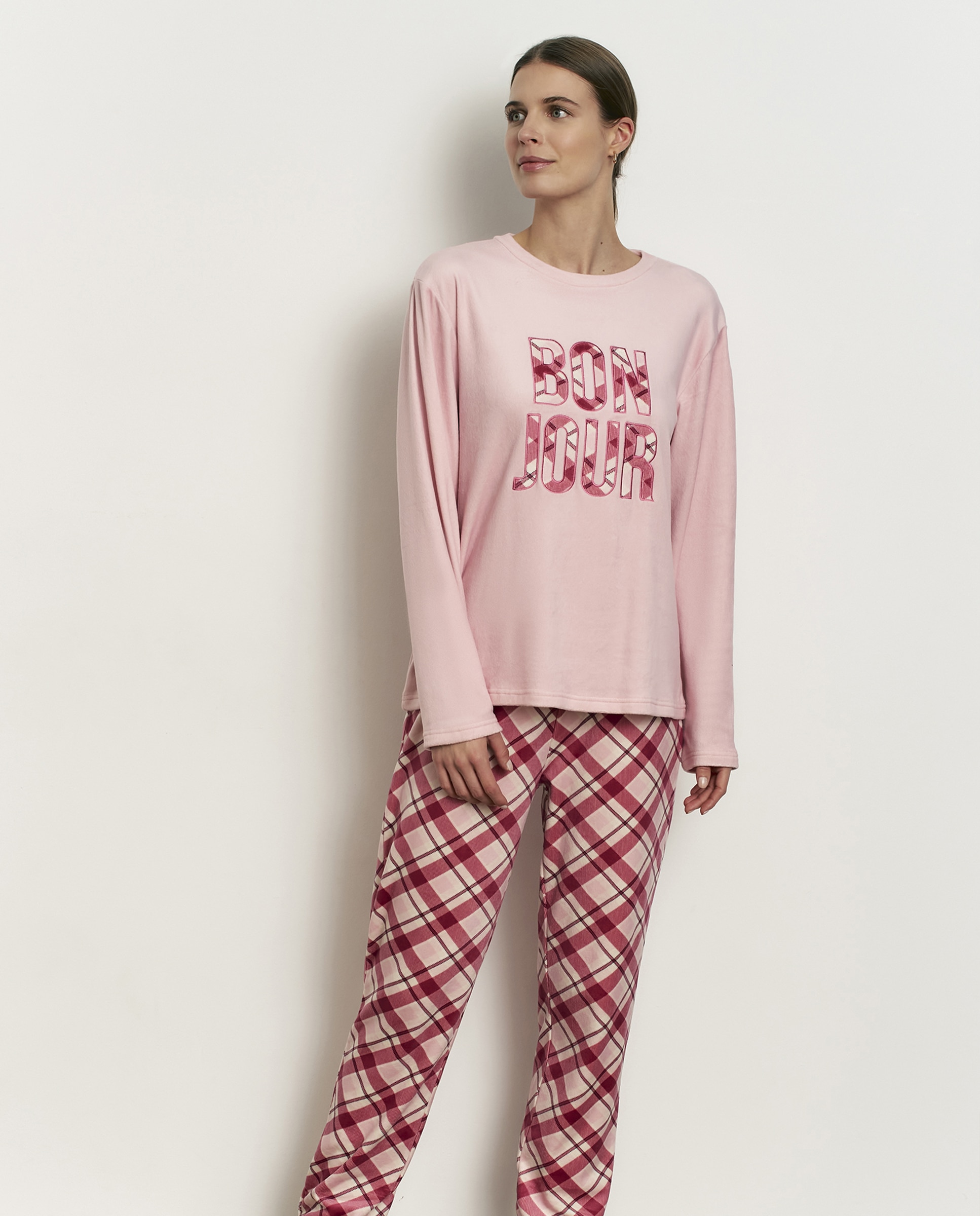 Pijama completo de mujer con manga larga y pantalón largo - Promise - Rosa Rosa-1