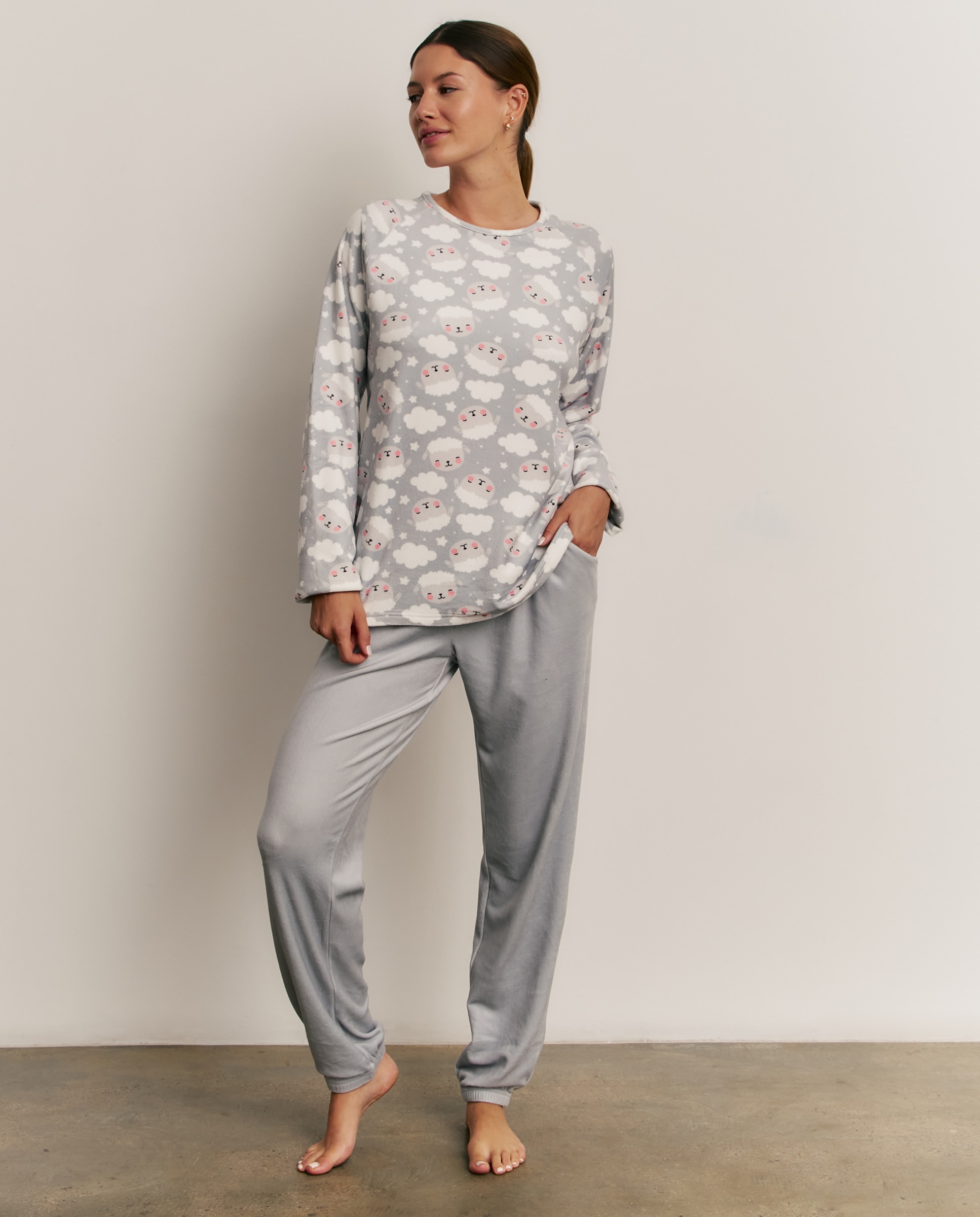 Pijama completo de mujer con manga larga y pantalón largo - Promise - Gris Gris-1