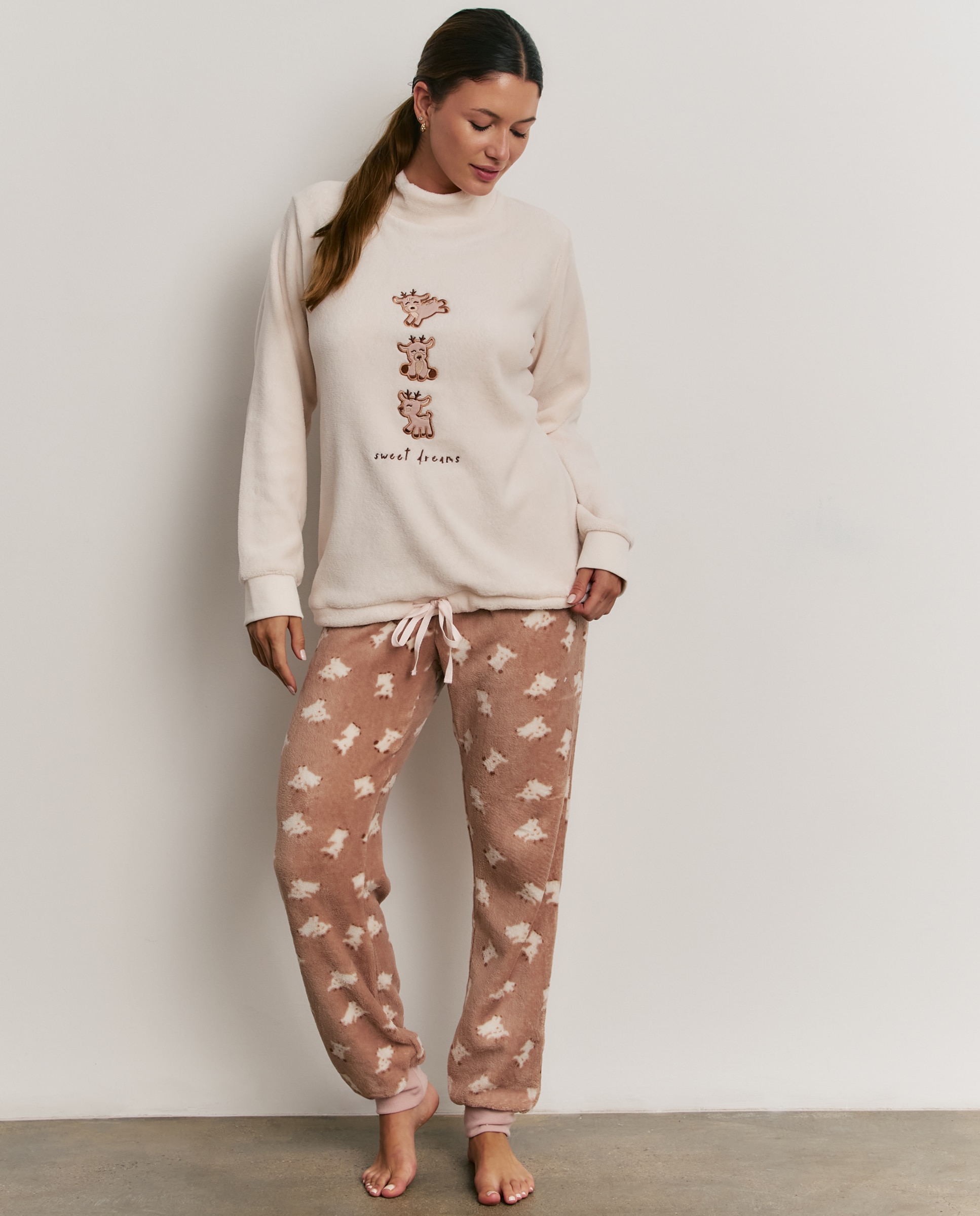 Pijama completo de mujer con manga larga y pantalón largo - Promise - Beige Beige-1
